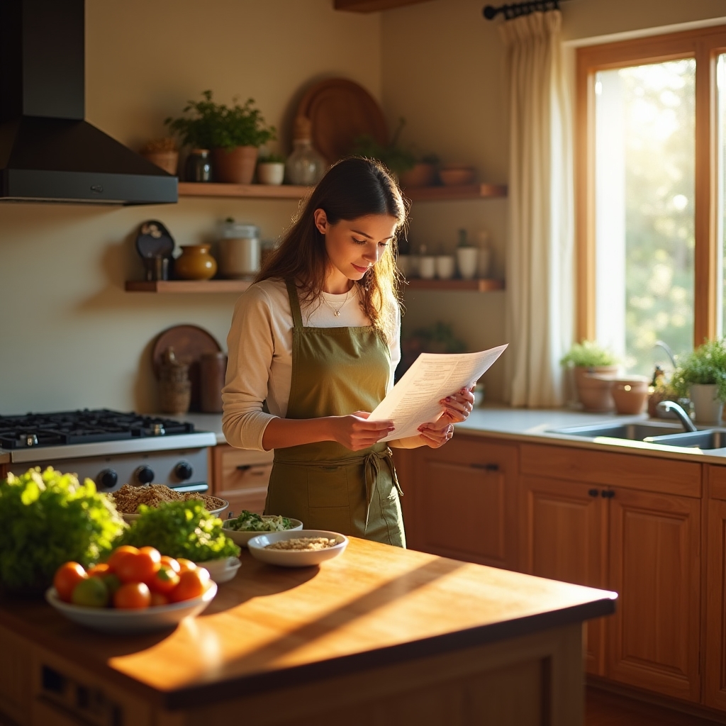 Warm-lit kitchen with organized prep space, fresh ingredients laid out, and a welcoming cooking environment